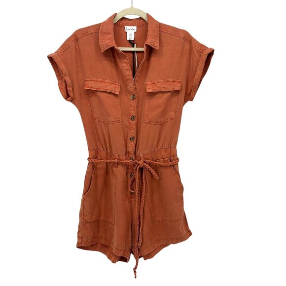 NEW Nicole Miller Womens Medium Romper Linen Blend Burnt Orange Belted - Picture 1 of 8